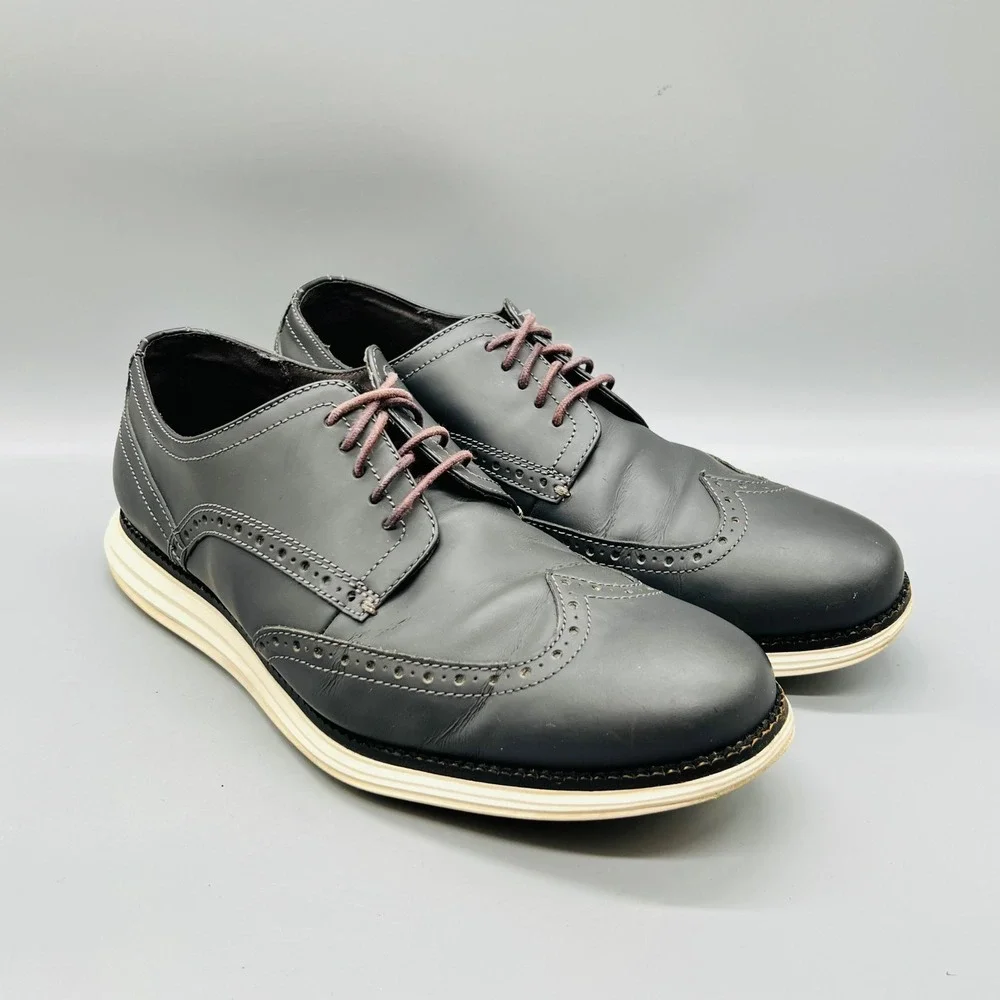 Cole Haan Shoes Mens 10 Gray Leather Grand OS Wingtip Oxford Brogue Dress Casual